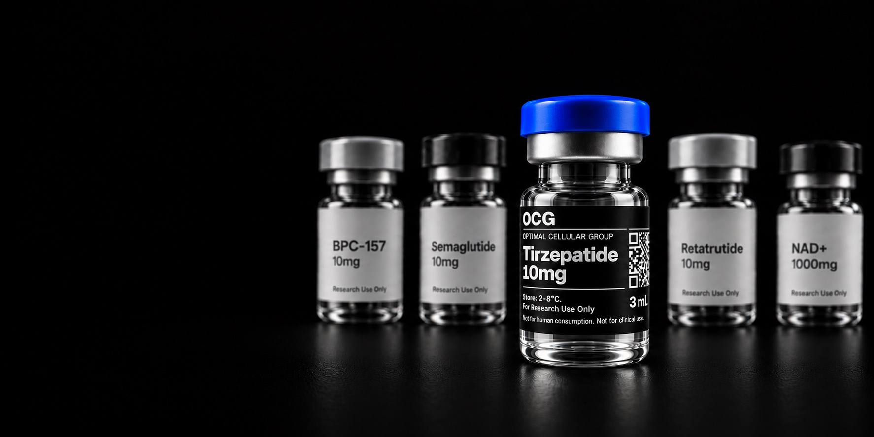 OCG compound vials — BPC-157, Semaglutide, Tirzepatide, Retatrutide, NAD+
